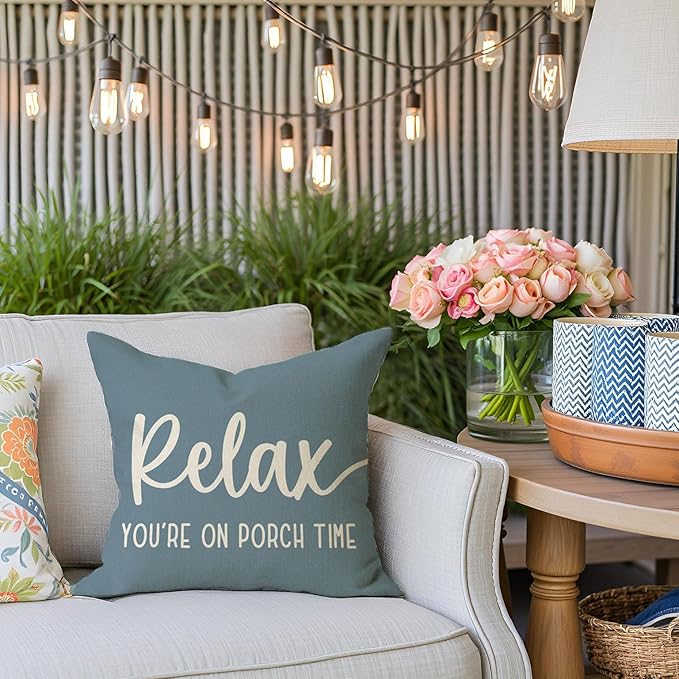 PANDICORN Decorative Throw Pillow Covers 18x18 Inch Relax Porch Time Dusty Blue Outdoor Rustic Farmhouse Decorative Throw Pillow Cases Decorations for Patio Sofa Couch Decor