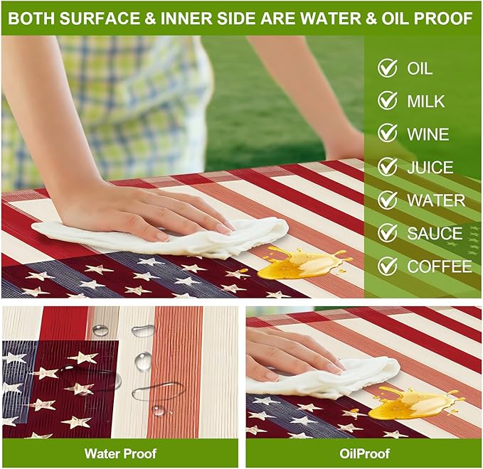 Picnic Table Cover with Bench Covers Set of 3 - Red White Blue Buffalo Plaid Flag Pattern, Elastic Fitted Tablecloth for 6 Ft Tables, Washable Polyester Cover for Camping, Indoor & Outdoor