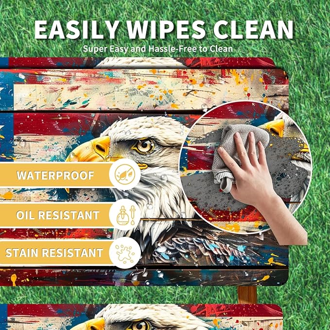 Picnic Table Cover with Bench Covers Camping Essentials Waterproof Windproof Camping Tablecloth with Elastic, Fits Table 30"x 72" Rectangle and Seats, Wood Grain American Flag