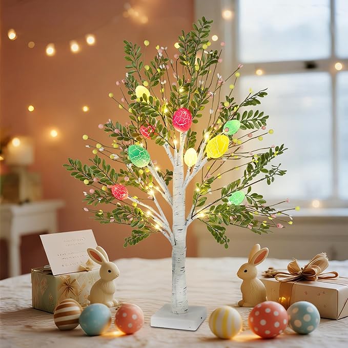 DR.DUDU 27 Inch Easter Decorations for Home – 2 Pack Lighted Easter Trees, Light Up Birch Trees with Easter Egg, Tabletop Spring Decor for Mantel Indoor Office