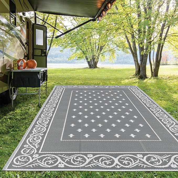 Pauwer Waterproof Outdoor Rug 9x12, Reversible Plastic Straw Patio Camping Rug, Indoor Outdoor RV Mat Carpet for Deck, Camper, Porch, Balcony, Backyard, Picnic, Bordered Grey