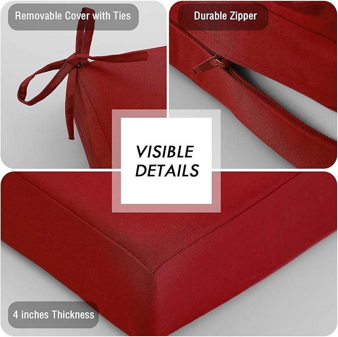 idee-home Outdoor Chair Cushions Set of 2, Waterproof Outdoor Seat Cushions for Patio Furniture, Outside Replacement Chair Pad with Ties for Lawn Deck Porch, 26.5 x 26.5 Red
