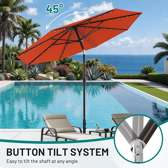 AreShark 9FT Patio Umbrella with Solar Lights, 32 LED Lighted Pool Umbrella w/Tilt and Crank, Outdoor Market Solar Umbrellas for Garden, Deck, Backyard, Pool and Beach, Orange