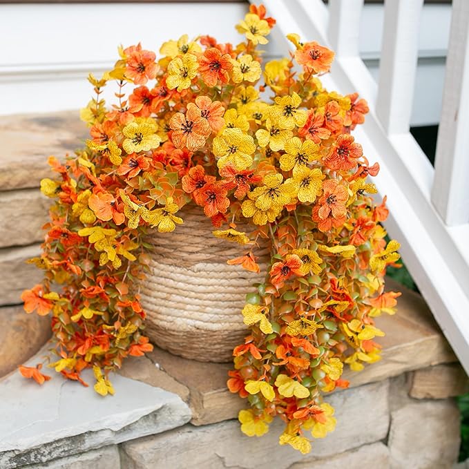 HyeFlora Artificial Flowers for Fall Outdoors Decoration, 2Pcs Fake Fall Light Orange & Yellow Hanging Flowers, Faux Autumn Decor for Porch Patio Balcony Planter, Realistic Arrangement