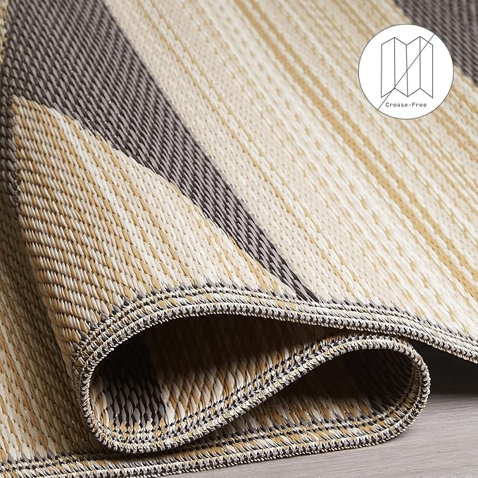 Fab Habitat Outdoor Rug - Waterproof, Fade Resistant, Crease-Free - Premium Recycled Plastic - Neutral Geometric Tribal - Large Patio, Deck, Sunroom, Camping, RV - Cairo - Natural & Black - 6 x 9 ft