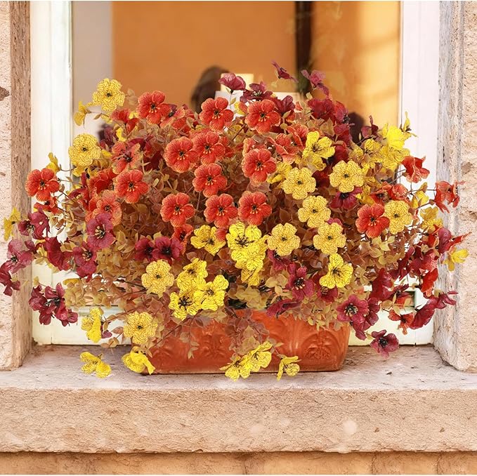 Artificial Mums Fall Fake Flowers for Outdoors Decoration, 12 Bundles Artificial Fall Flowers Faux Mums Realistic UV Resistant for Outdoors Planter Porch Patio Window Box, Sunset
