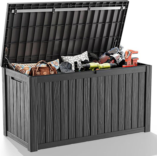 180 Gallon Outdoor Deck Box, Lockable Waterproof Outdoor Storage Boxes For Garden Tools,Indoor Cushions,Accessories Outside Storage Resin Weatherproof Container(Black)