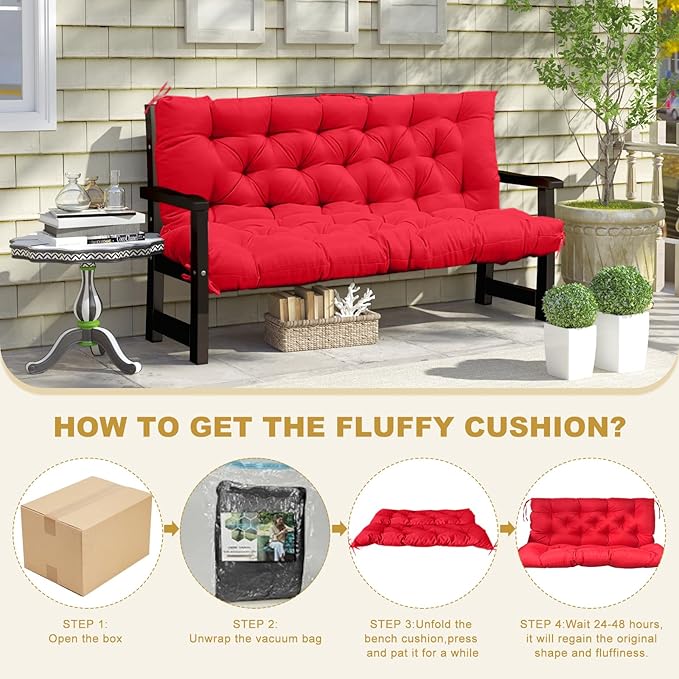 60" Porch Swing Cushion with Backrest, Waterproof Outdoor Bench Swing Cushions 3 Seater Replacement Thickened Swing Cushions with Ties for Patio Garden Backyard,Red,60x40in
