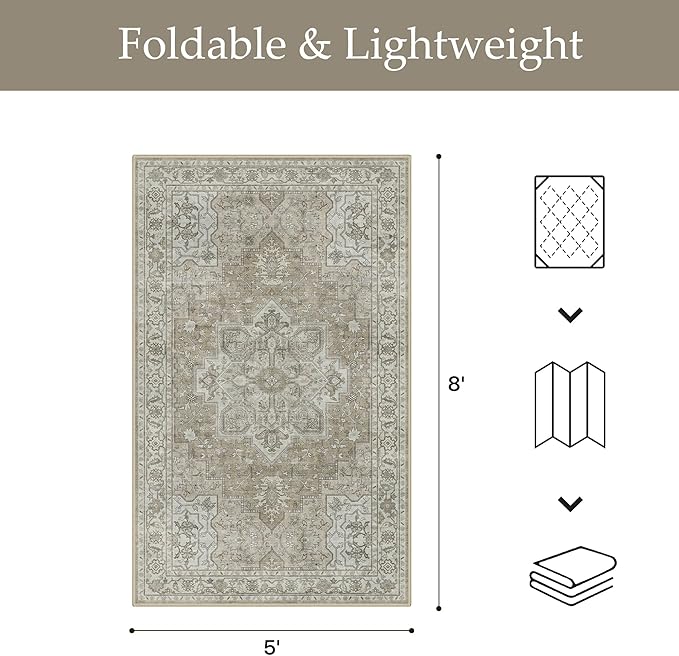 GENIMO Outdoor & Indoor Area Rug 5'x8', Waterproof, Non-Shedding, Easy Cleaning, Boho Mat for Patio, Living Room, Balcony, Dining Room, RV, Deck, Bedroom, Camping, Outside Carpet,Coffee Beige