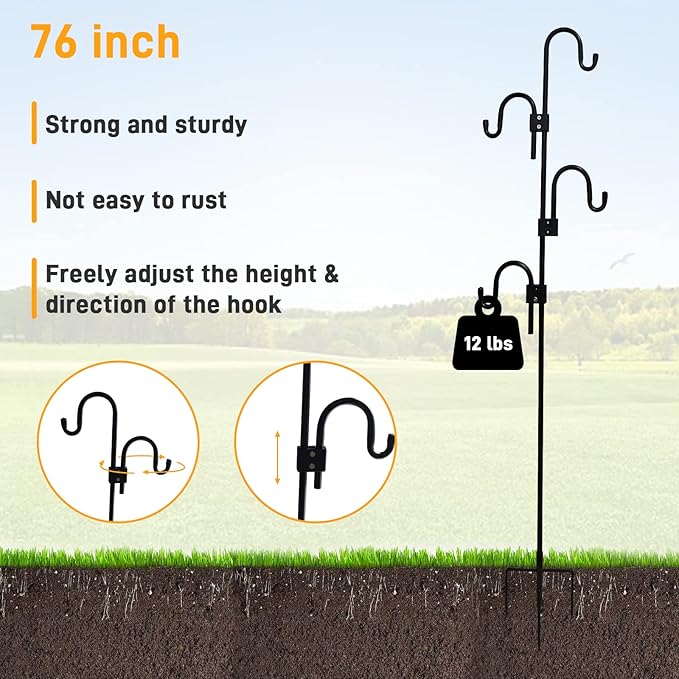 Shepards Hooks for Outdoor Adjustable Bird Feeder Pole with 5 Base Prongs 76 Inch Heavy Duty Garden Hanging Holder for Lanterns, Solar Lights, Bird Feeder, Wedding, Planter Pot-4 Hooks