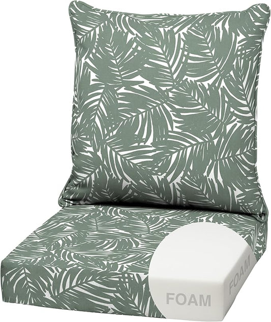 Arden Outdoor Foam Deep Seat Cushion Set, 22 in x 24 in, Weather-Proof, Rain-Proof, Fade Resistant Patio Cushion, Bottom and Back Cushion for Chair, Sofa, and Couch Sage King Palm