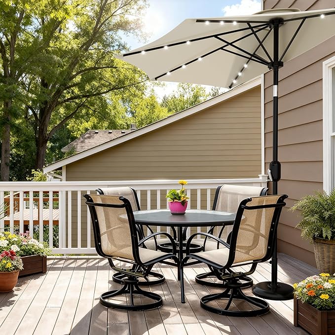 Garvee Patio Umbrella 9FT - Half Umbrella Outdoor with Solar LED Lights and Smooth Crank Lift, Outdoor Shade Canopy for Patio, Backyard, Garden, Deck, Balcony -Beige