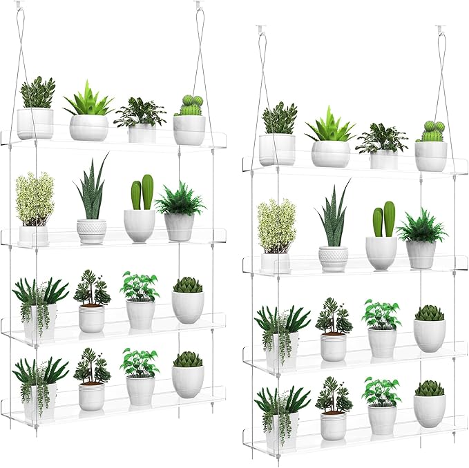 2-Pack Hanging Clear Plant Shelves for Windows, Acrylic Window Wall Plant Stand Shelf for Kitchen Indoor Gardens, Flower, Herb, Seedling Organization, and Pots Display, 16 Inch per Tier