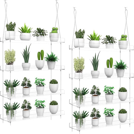 2-Pack Hanging Clear Plant Shelves for Windows, Acrylic Window Wall Plant Stand Shelf for Kitchen Indoor Gardens, Flower, Herb, Seedling Organization, and Pots Display, 16 Inch per Tier