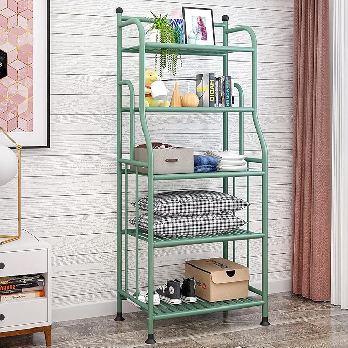 5 Tier Metal Plant Stand Iron Flower Pots Holder Storage Shelf, Planter Display Rack Indoor and Outdoor Multiple Shoe Organizer for Garden Balcony Living Room Kitchen Bathroom (Green)