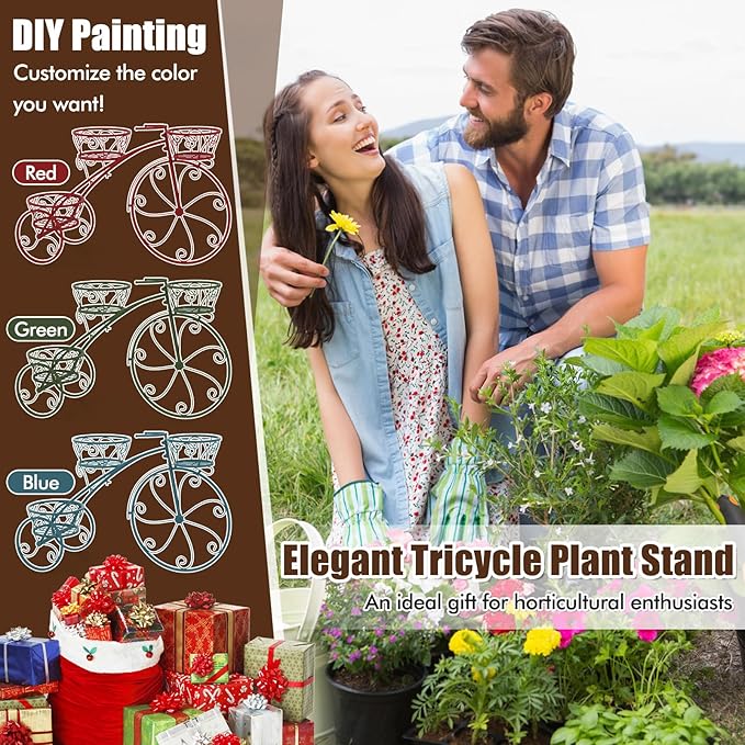 Giantex Metal Bicycle Planter, 3 Tier Tricycle Flower Plant Stand w/ 3 Decorative Wheels, Parisian Style Flower Display Stand Cart for Home Decor Patio Garden Flower Shop Indoor Outdoor