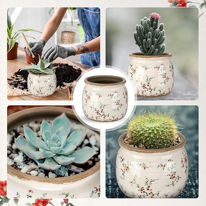 7.7" Large Ceramic Plant Pot Beige Red Cottage Rose Crackle Glaze Rustic Flowers Pot Decorative Planter with Drainage for Indoor Outdoor Plants Home Kitchen Office Decor Gift