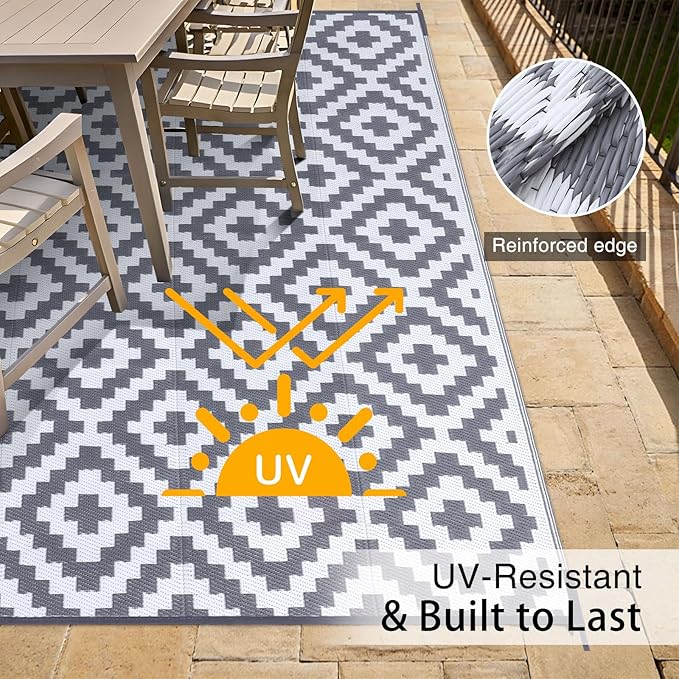 OLANLY Waterproof Outdoor Rug 8x10 ft, Reversible Plastic Straw Patio Rug for Camping, RV Mat Outside, Indoor Outdoor Carpet for Porch, Deck, Backyard, Camper, Balcony, Picnic, Grey & White