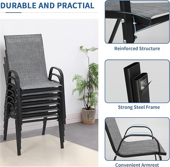 PIZZELLO Patio Chairs Set of 6 - Outdoor Stackable Dining Chairs for All Weather - Breathable Textilene Outdoor Chair Sets with Curved Armrests - 300Lbs Capacity - for Lawn Backyard Garden (Grey)