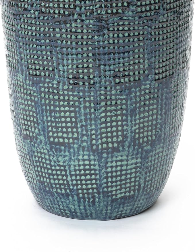LuxenHome 17-Inch Tall Round Ceramic Planter, Large Indoor Outdoor Plant Pots with Drainage Hole and Rubber Plug, Modern Green-Blue Glazed