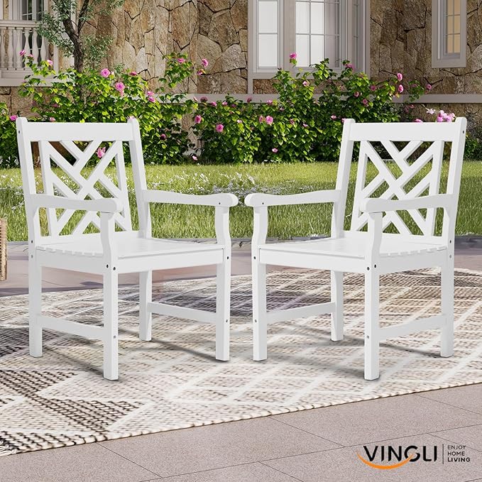 VINGLI Outdoor Dining Chairs Set of 2, Heavy Duty 330 LBS Wooden Patio Chairs with Comfortable Backrest, Solid Wood Patio Dining Chairs Garden Chairs for Yard, Front Porch and Deck (White, 2 PCS)