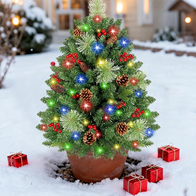 [2 Pack & Timer] 33 Inch Christmas Tree Urn Fillers with 50 Warm & Colorful Change Lights Pinecones Red Berries Tripod Stake Battery Operated 8 Mode for Porch Outdoor Xmas Trees Christmas Decorations