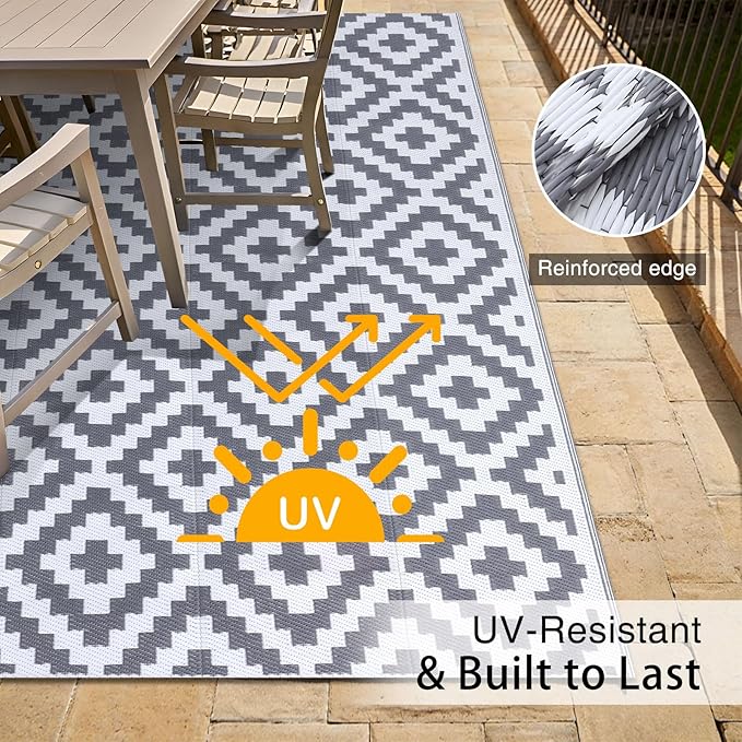OLANLY Waterproof Outdoor Rug 5x8 ft, Outdoor Plastic Straw Rug for Camping, RV Mat Outside, Outdoor Carpet for Porch, Deck, Backyard, Balcony, Picnic, Grey & White