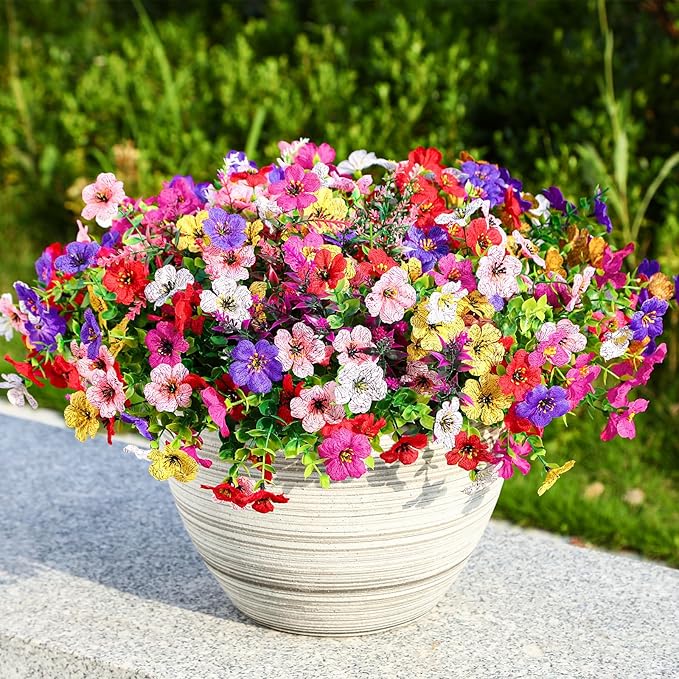 SHareconn 48 Bundles Artificial Flowers for Outdoors Decoration, Faux Plants Fake Silk Colorful Daisy Eucalyptus Lavender,UV Resistant for Outside Home indoor Spring Decor,RedRosyPurpleYellowPinkWhite