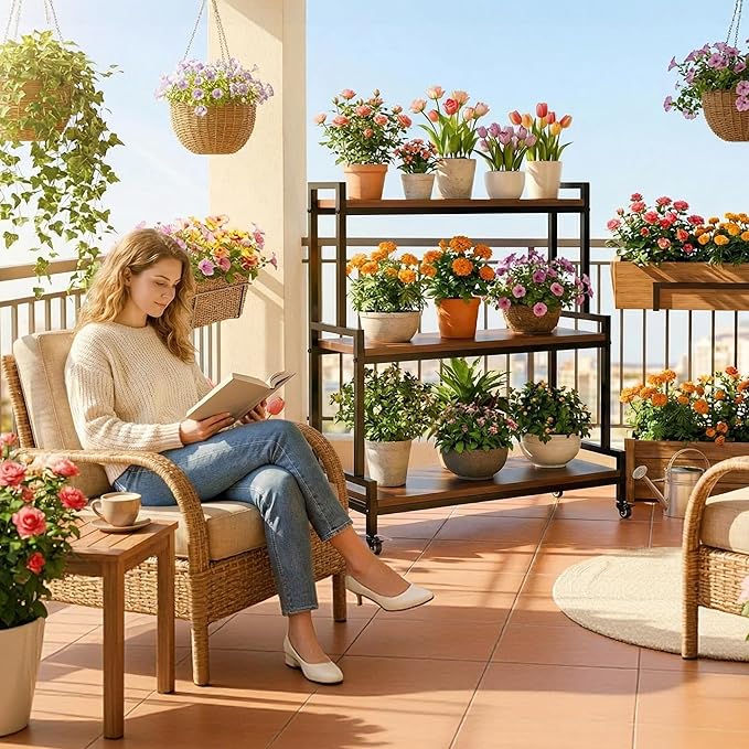 Flower Cart Display Stand with Wheels - Solid Wooden Plant Stand Shelf Outdoor - 3 Tier Patio Rolling Flower Stand - Ladder Folwer Holder Stand 37''x31'' for Florist, Garden, Wedding, Living Room, Walnut