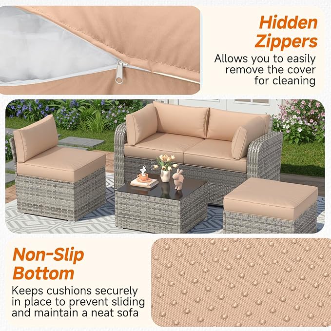 HOMREST Outdoor Replacement Cushions for Patio Furniture,Water-Repellent Sofa Cushion for 4-Seat Rattan Wicker Sectional Patio Conversation Sets,9-Piece Cushions Set for Outdoor Couch,Khaki