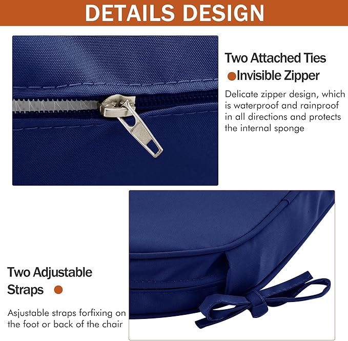 Outdoor Chair Cushions Set of 4 Water Resistant Patio Chair Cushions with Tie 3 Year Color Fastness Thick Outdoor Seat Cushion for Garden Lawn Round Corner Navy 17x16 Inch