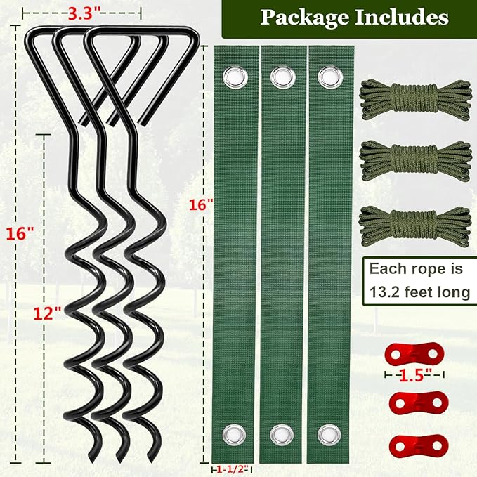 Tree Stakes and Supports, Heavy Duty Spiral Tree Stakes Kit Include 3Pcs Tree Straps for Staking, 3Pcs 16" Steel Spikes, and 39Ft Rope, Tree Supports for Young Tree Anti Strong Wind, Bad Weather