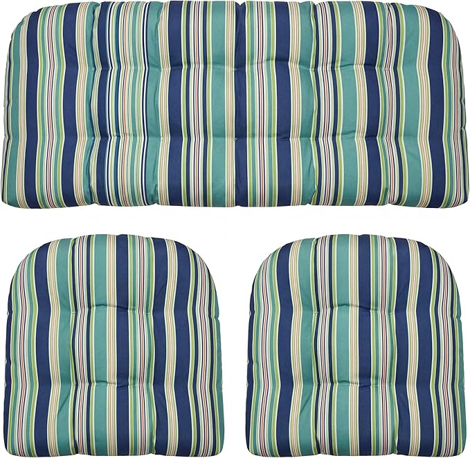 RSH DECOR: 3-Piece Wicker Tufted Cushion Set | 44" x 22" Loveseat & 22" x 22" U-Shapes | Outdoor Replacement Cushions | Water & Fade-Resistant Spun Fabric | Made in USA (Eastbay Seaspray)