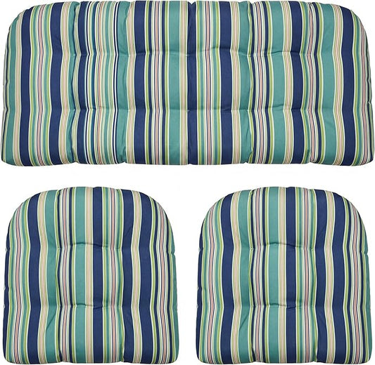 RSH DECOR: 3-Piece Wicker Tufted Cushion Set | 44" x 22" Loveseat & 22" x 22" U-Shapes | Outdoor Replacement Cushions | Water & Fade-Resistant Spun Fabric | Made in USA (Eastbay Seaspray)