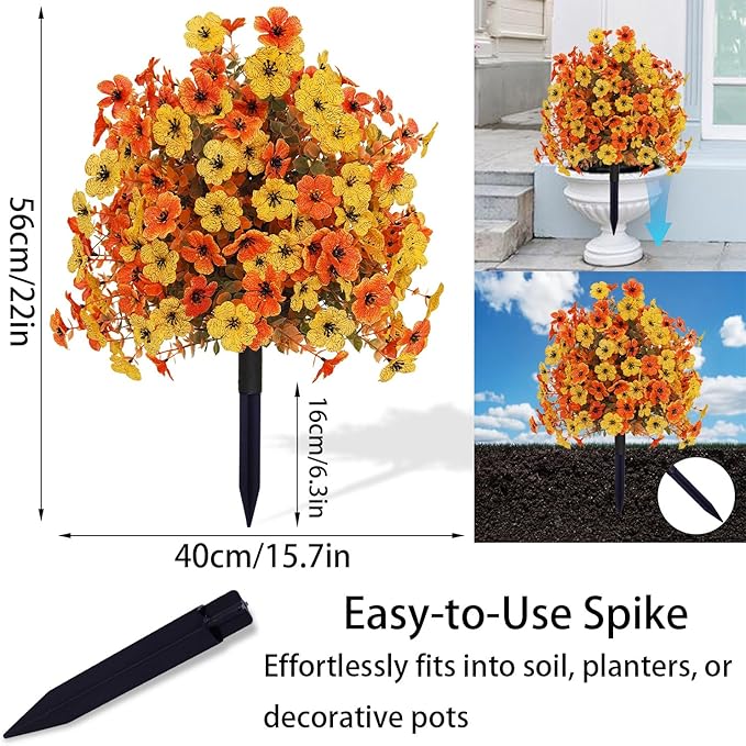 Outdoor Fall Artificial Flowers - 2 Pack Topiary Flower Balls with Ground Stakes, UV Resistant Orange and Yellow Fake Flower Bushes for Porch, Garden and Thanksgiving Decoration
