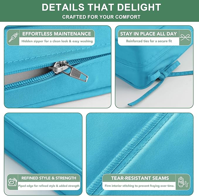 Outdoor Chair Cushions Set of 4, Waterproof Backrest and Seat Cushion Set for Patio Furniture, Outdoor Replacement Cushions with Removable Cover, 19 x 19 Inch, Teal