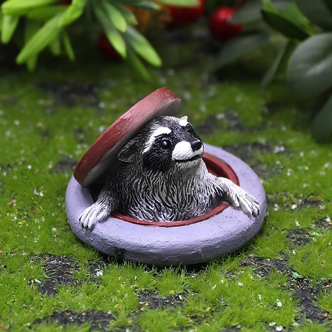 Miniature Raccoon Garden Statue, Manhole Cover Design, Outdoor Fairy Garden Decor, Cute Plant Pot Decorations,Tiny Raccoon Fairy Garden Accessories Garden Ornament