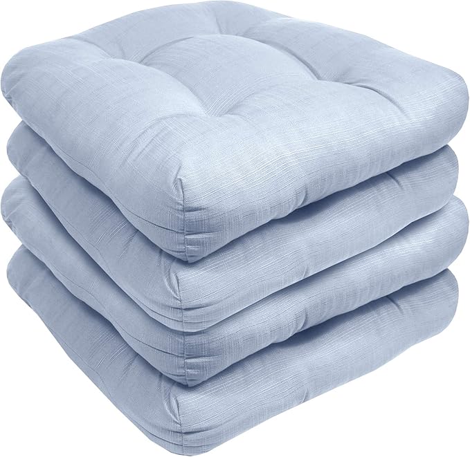 Sweet Home Collection Patio Cushions Outdoor Chair Pads Premium Comfortable Thick Fiber Fill Tufted 19" x 19" Seat Cover, 4 Count (Pack of 1), Light Blue