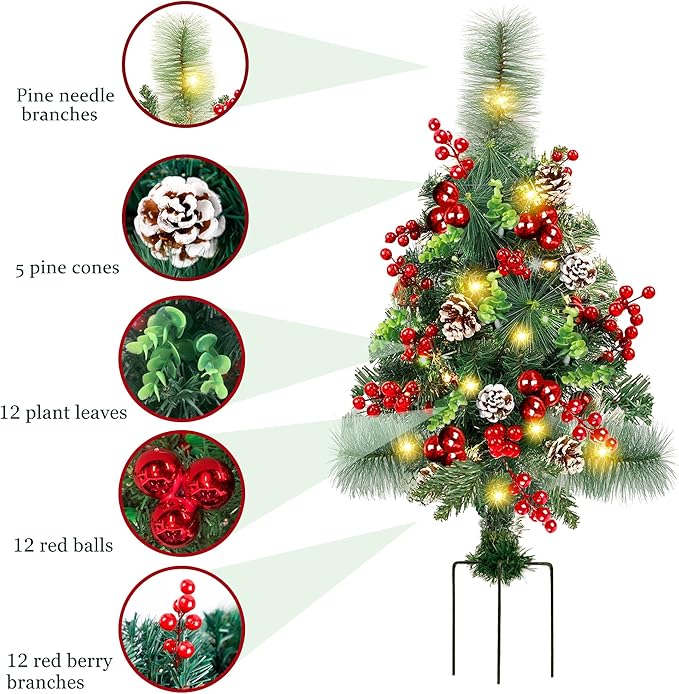 Set of 2 Pathway Christmas Tree Urn Filler, Lighted Artificial Mini Xmas Trees with Lights, Outdoor Christmas Decorations for Porch, Driveway, Yard (5 Pine Cones)