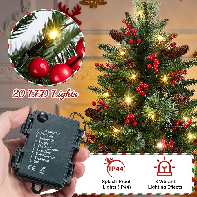 2 Set 20.5 In Christmas Urn Filler for Outdoor Planters, Lighted Artificial Christmas Tree Urn Filler with Cones & Red Berries, Holiday Xmas Pot Fillers Planter Decor for Pathway Porch Yard Decoration