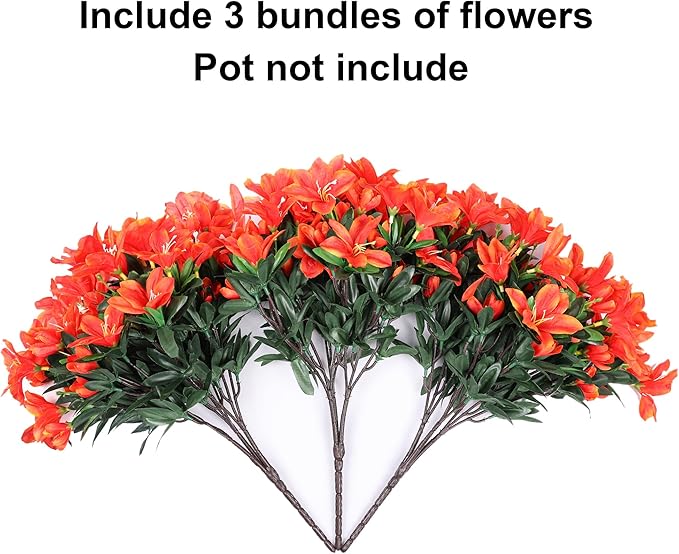 INSPRING Artificial Flowers Plants for Outdoors Spring Summer Decoration, 3 Bundles Faux Silk Azalea Flowers UV Resistant Flower Look Real for Outdoor Planters Porch Patio Garden Walkways Home, Orange
