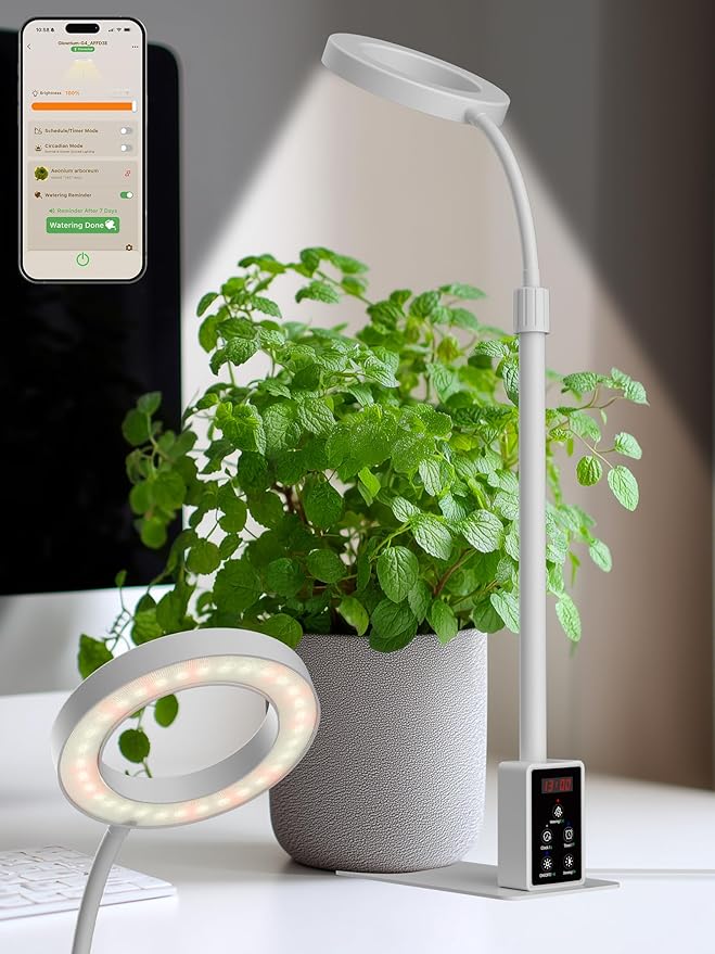 Smart Grow Lights for Indoor Plants, Plant Light with Auto-Timer, Full Spectrum LED Grow Light, Adjustable Height & Stepless Dimming,Plant Assistant Suitable for Most Plants (White, 8W)