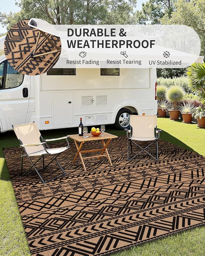 MontVoo-Outdoor Rug Carpet Waterproof 5x8 ft Reversible Patio Rug RV Camping Rugs Plastic Straw Outside Indoor Outdoor Area Rugs for Patio Deck Balcony Picnic Beach Outdoor Decor Boho Black Brown