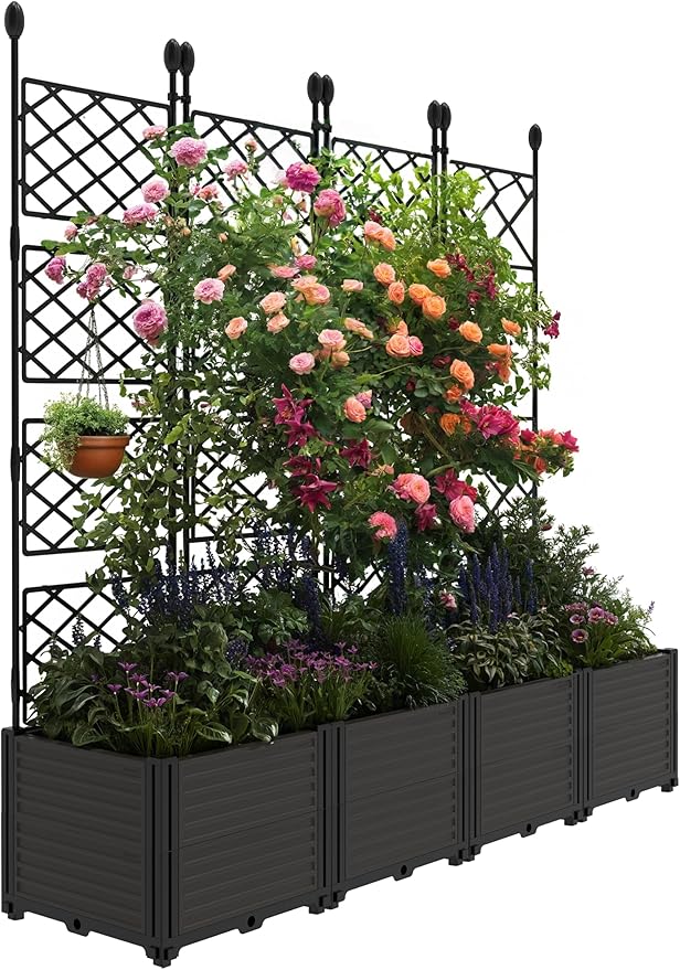 4 PCS Raised Garden Bed with Trellis, 66" w x 63" Tall Vertical Planter Box for Climbing Plants, Patio Privacy Screen & Balcony Garden, Sturdy Metal Frame, Lightweight