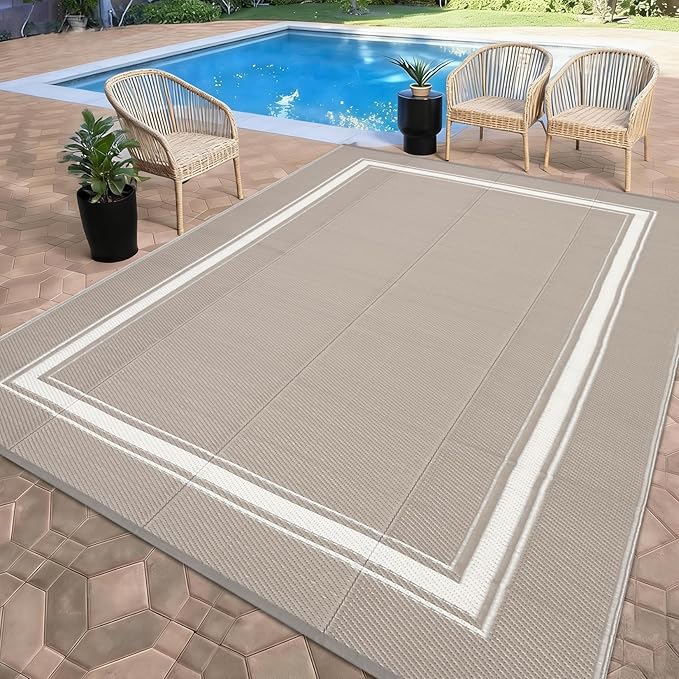 Waterproof Outdoor Rug 10x20 Reversible Plastic Straw Rug Carpet Modern Bordered Outdoor Camping Mat Outside Large Floor Mat for RV Picnic Backyard Porch Beach Balcony Grey/Coffee