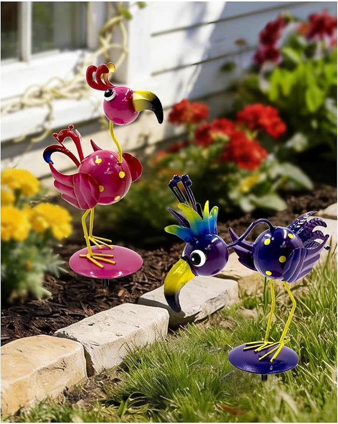 Metal Bird Statues for Outdoor Garden (with Round Base and Stake)(Weathering Resistant) 2 Pack Handcrafted Yard Bird Figurines Metal Art, Cute Lawn Ornaments Funny Decor Gift (Pink & Purple)