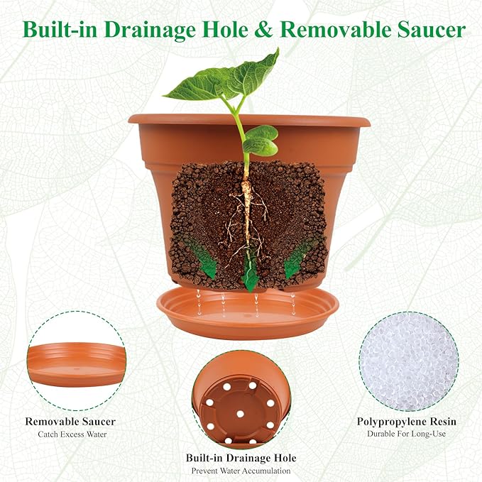 13 Inch Plastic-Flower-Pot-for-Indoor-Plants, 4 Pack Large Outdoor Planter Pot with Drainage Holes & Saucers, Resin Decorative Garden Pots Planters