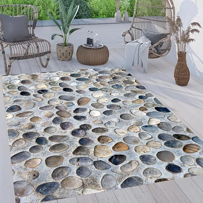 Modern Mixd Color Pebbles Outdoor Rugs for Patios Deck Backyard Porch Balcony Garden Camping Poolside Carpet Comfort Non Slip Thin Waterproof Durable Reversible Quick Dry Low Pile Floor Mat 10x12