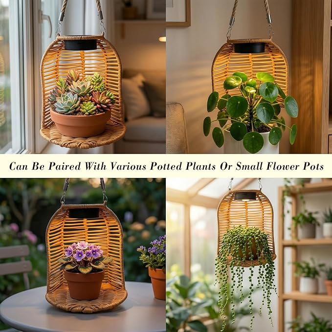 LIYAOLI Solar Rattan Lanterns Outdoor Waterproof 2 Pack, Hanging Solar Lights for Patio Garden Yard Pathway Porch Decor, Boho Lanterns with Planter Holder for Outdoor Decorations (Light Brown)