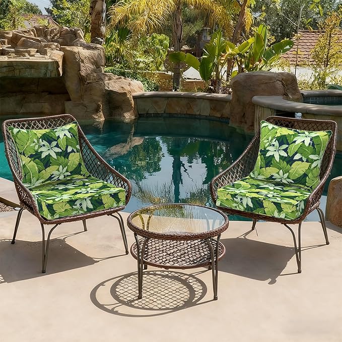 Outdoor Deep Seat Cushion Set, Water Repellent 22"x22" Patio Thick Cushions Replacement with Seat & Back Pillow for Patio Sofa, Wicker Chair, Couch - Jungle Leaves